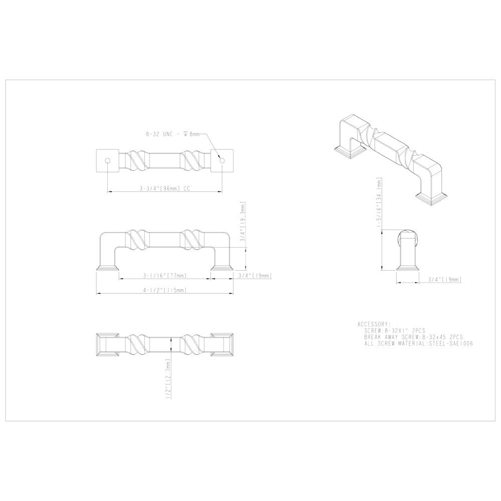 96 mm Center-to-Center Matte Black Rustic Twist Tahoe Cabinet Pull