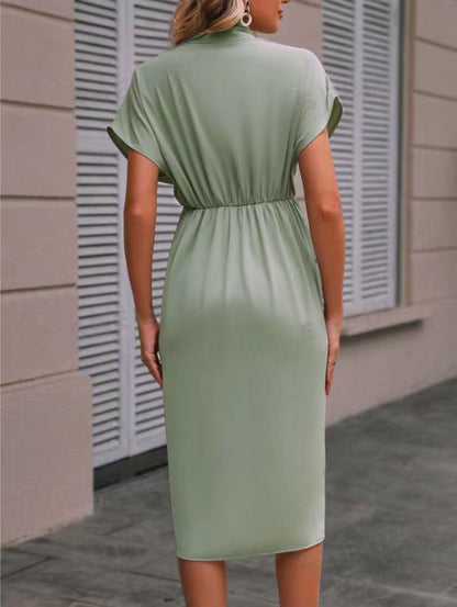 Summer Batwing Sleeve Dress - Stylish V-neck Pleated Short Sleeve Dress for Women
