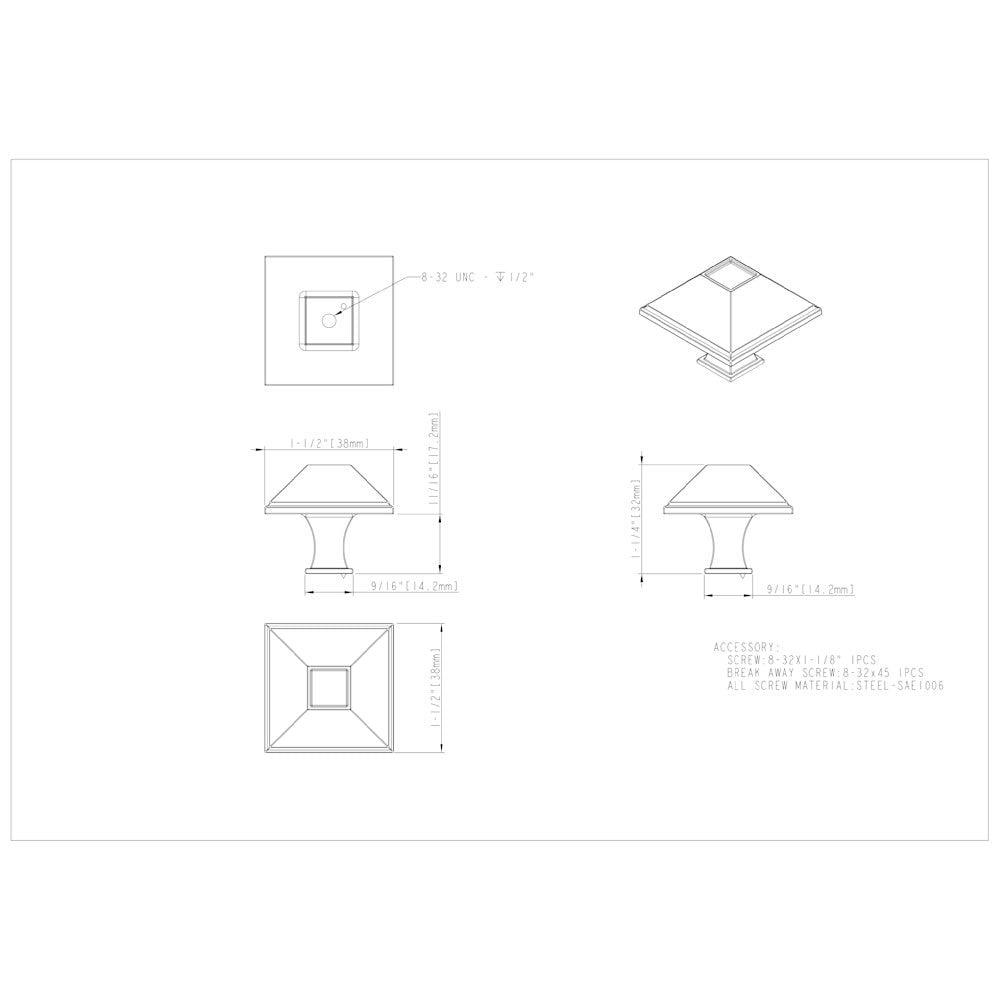 1-1/4" Overall Length Matte Black Square Tahoe Cabinet Knob