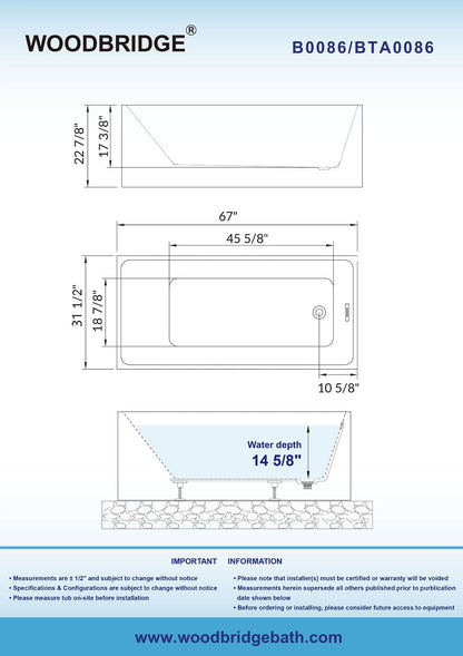 WOODBRIDGE 67" Acrylic Freestanding Bathtub Contemporary Soaking Tub