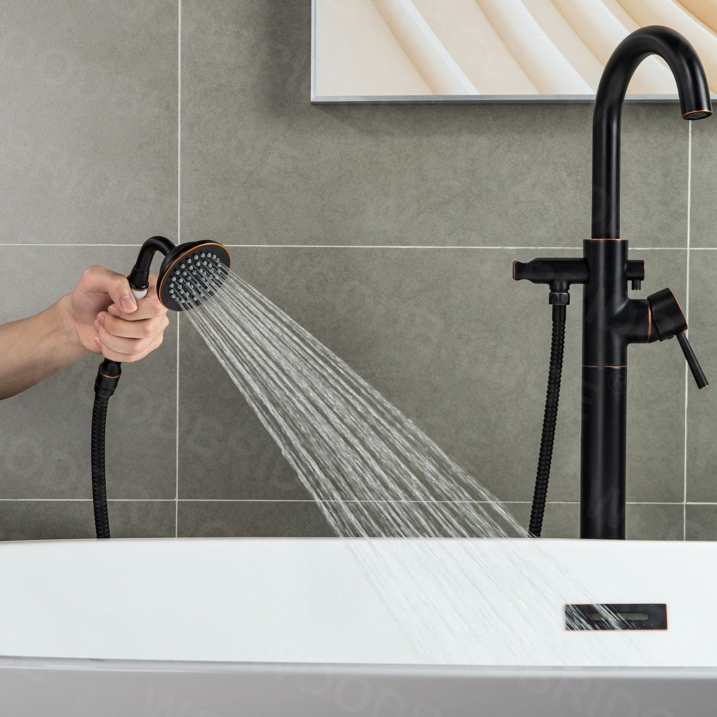 WOODBRIDGE WOODBRIDGEE F0001BNVT Contemporary Single Handle Floor Mount Freestanding Tub Filler Faucet with Hand shower