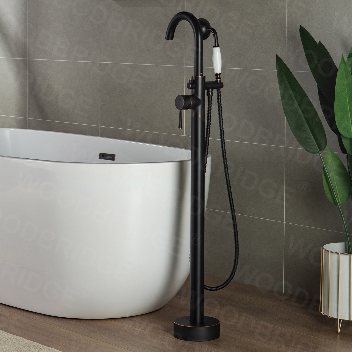 WOODBRIDGE WOODBRIDGEE F0001BNVT Contemporary Single Handle Floor Mount Freestanding Tub Filler Faucet with Hand shower