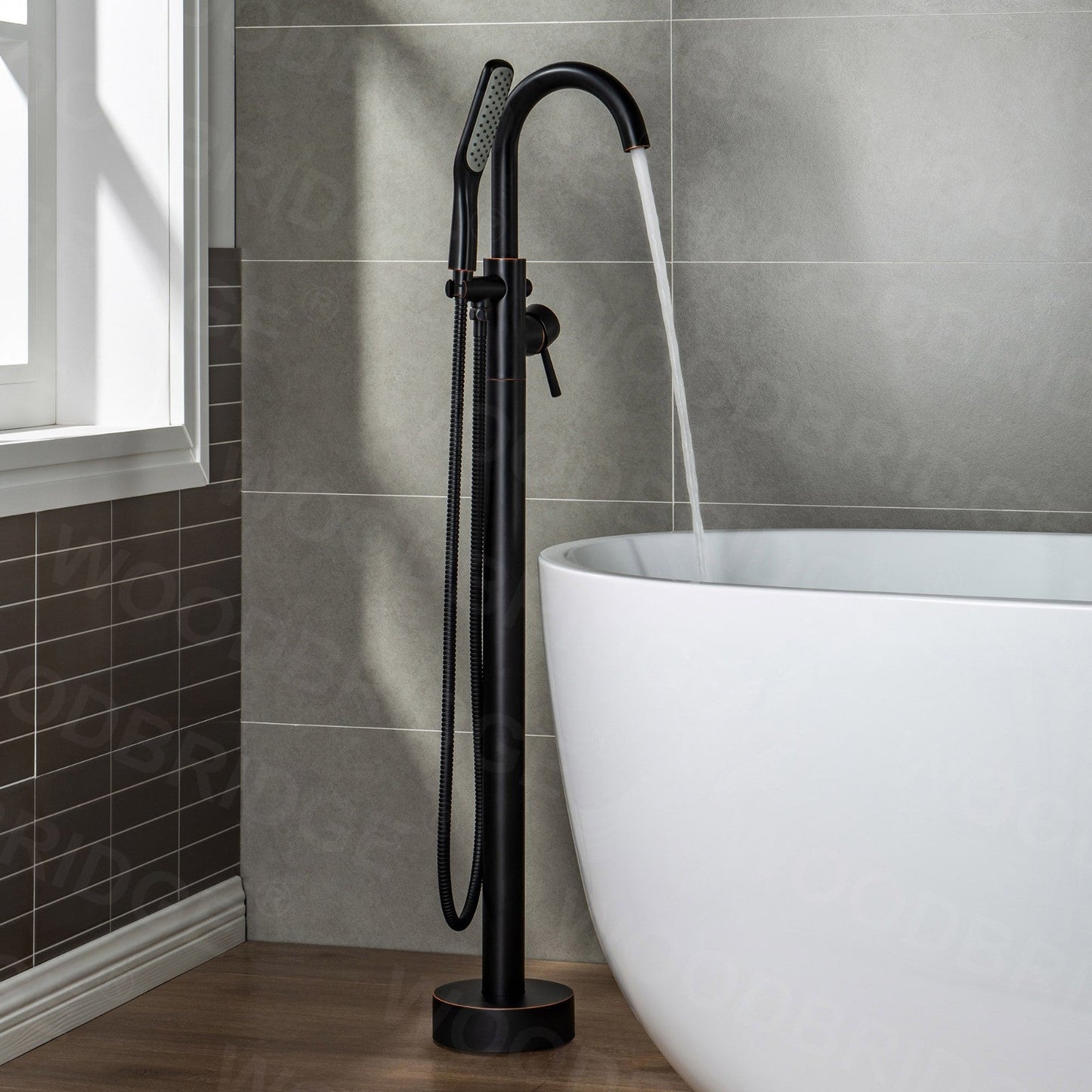 WOODBRIDGE WOODBRIDGEE Contemporary Single Handle Floor Mount Freestanding Tub Filler Faucet with Hand Shower