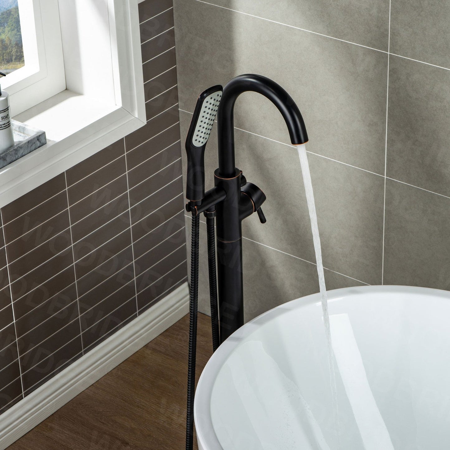 WOODBRIDGE WOODBRIDGEE Contemporary Single Handle Floor Mount Freestanding Tub Filler Faucet with Hand Shower