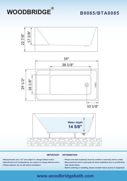 WOODBRIDGE 59" Acrylic Freestanding Bathtub Contemporary Soaking Tub