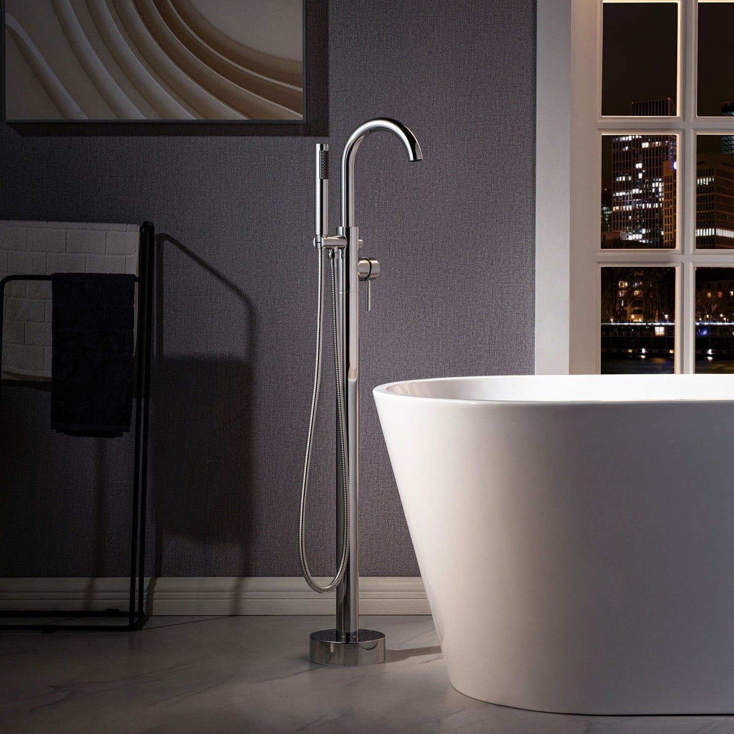 WOODBRIDGE F0023BNRD Contemporary Single Handle Floor Mount Freestanding Tub Filler Faucet with Cylinder Shape Hand shower