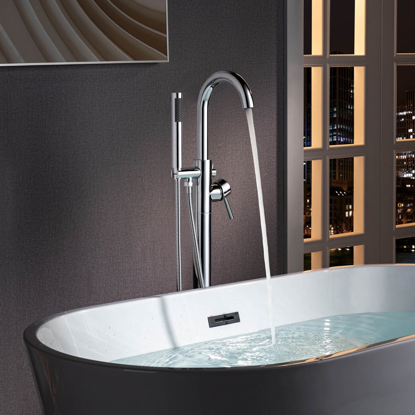 WOODBRIDGE F0023BNRD Contemporary Single Handle Floor Mount Freestanding Tub Filler Faucet with Cylinder Shape Hand shower