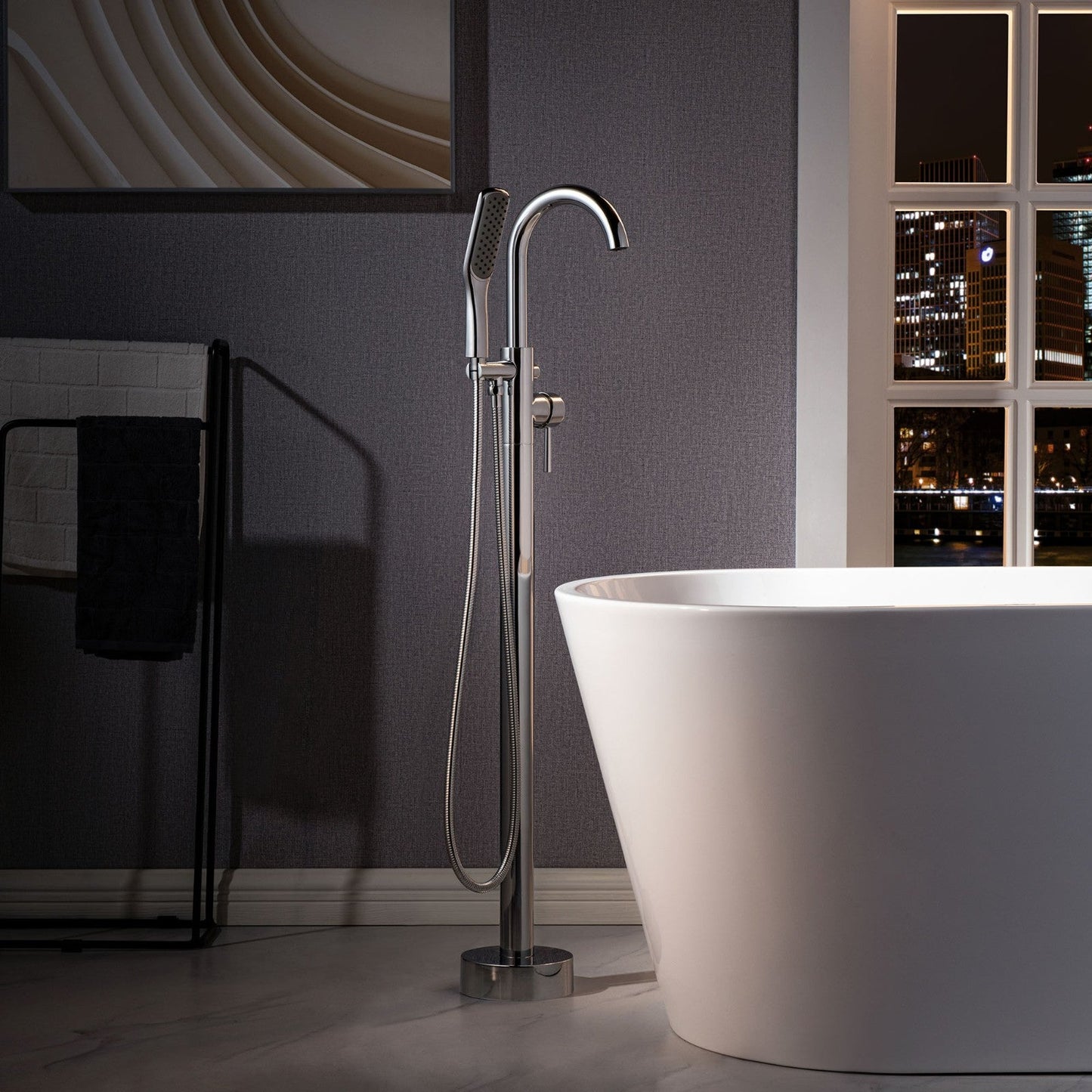 WOODBRIDGE F0023BNSQ Fusion Single Handle Floor Mount Freestanding Tub Filler Faucet with Square Comfort Grip Hand Shower