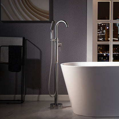 WOODBRIDGE F0023BNSQ Fusion Single Handle Floor Mount Freestanding Tub Filler Faucet with Square Comfort Grip Hand Shower