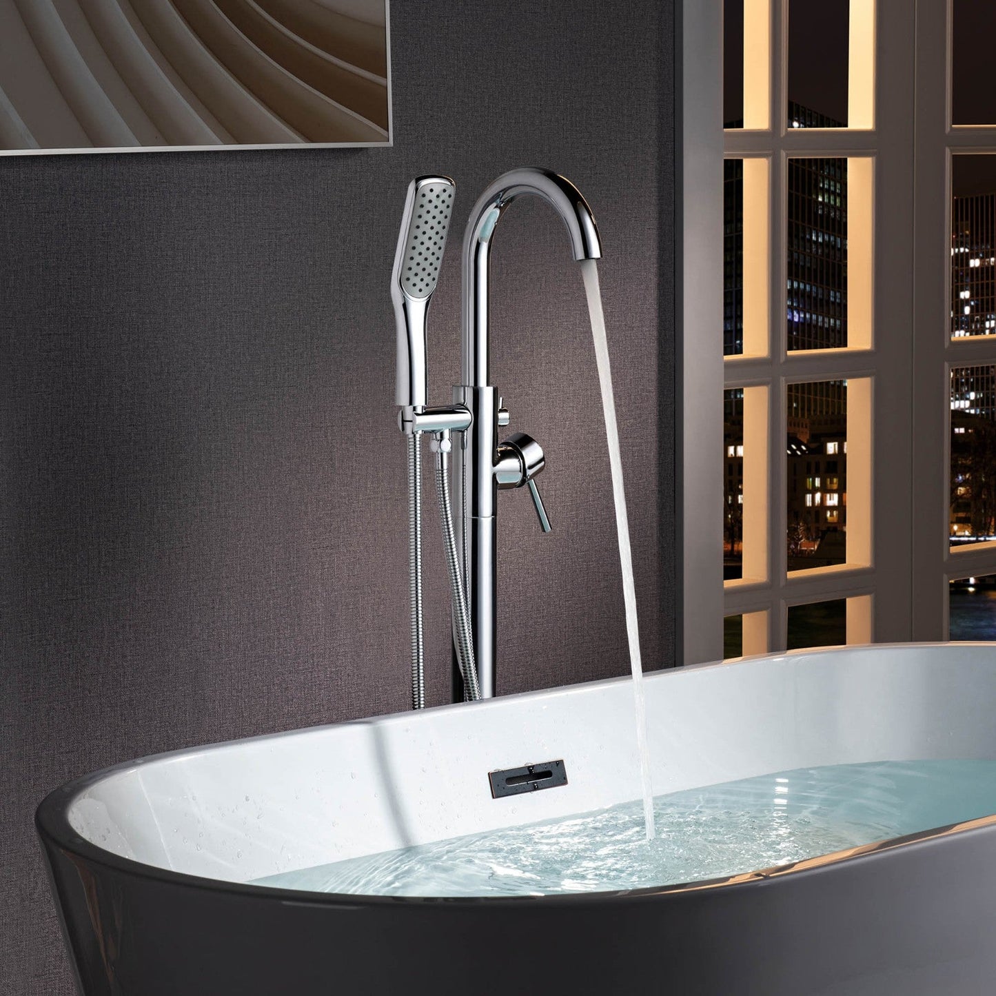 WOODBRIDGE F0023BNSQ Fusion Single Handle Floor Mount Freestanding Tub Filler Faucet with Square Comfort Grip Hand Shower