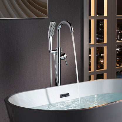 WOODBRIDGE F0023BNSQ Fusion Single Handle Floor Mount Freestanding Tub Filler Faucet with Square Comfort Grip Hand Shower