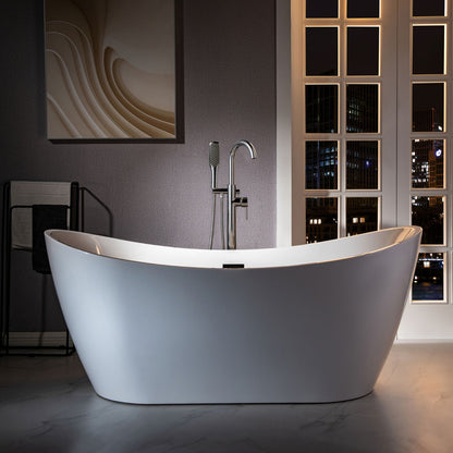 WOODBRIDGE F0023BNSQ Fusion Single Handle Floor Mount Freestanding Tub Filler Faucet with Square Comfort Grip Hand Shower