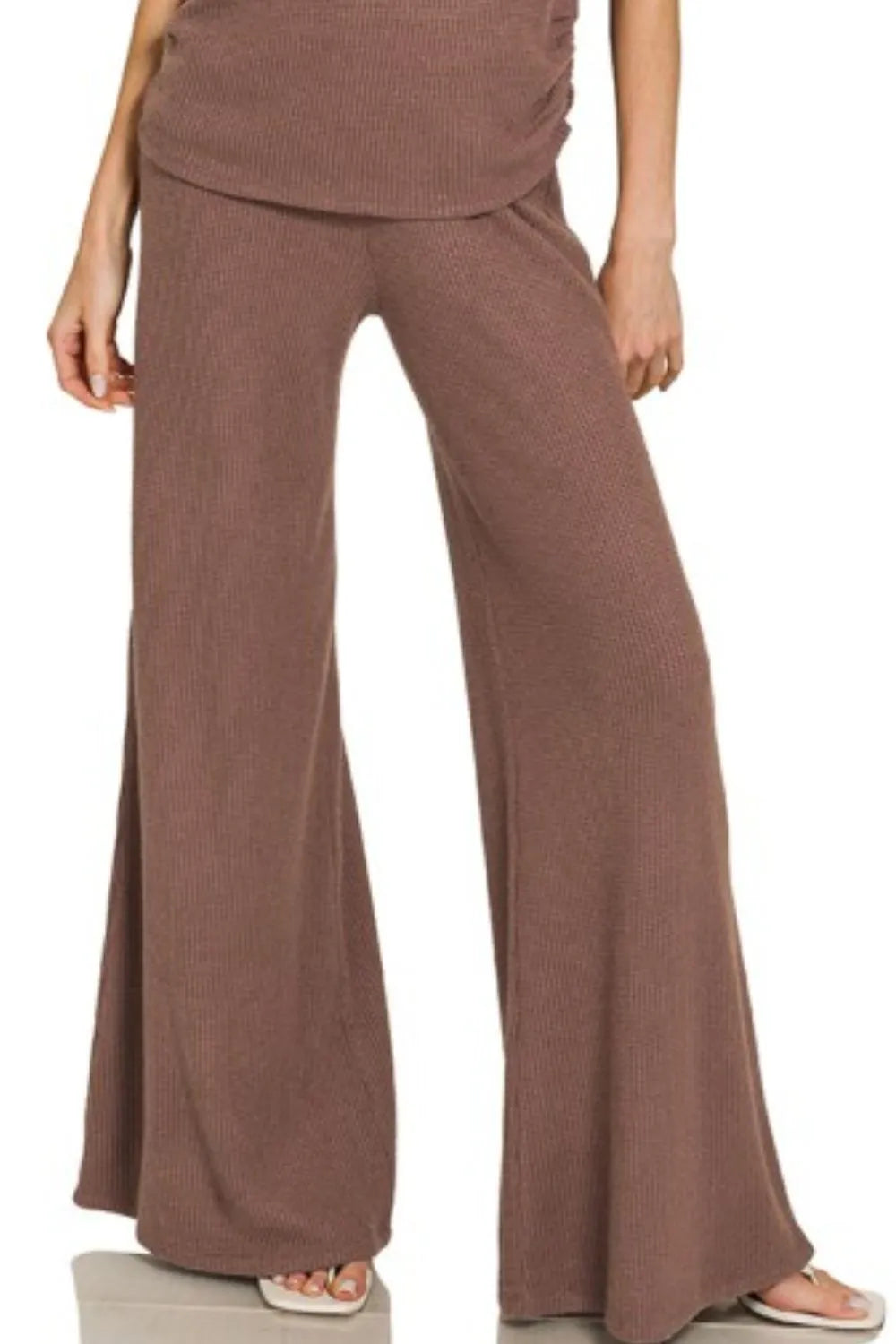 Zenana Sweater Mock Neck Top & Long Pants Set in Brown