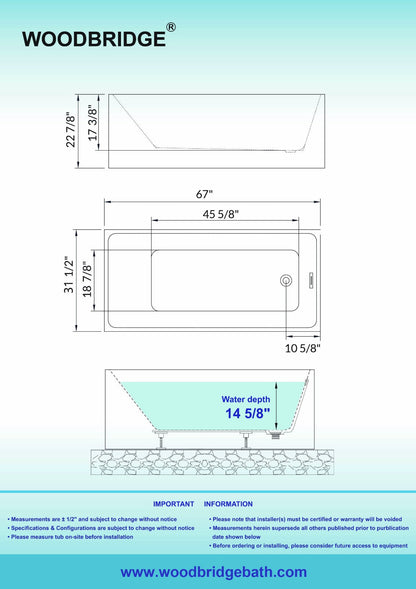 WOODBRIDGE 67" Acrylic Freestanding Bathtub Contemporary Soaking Tub