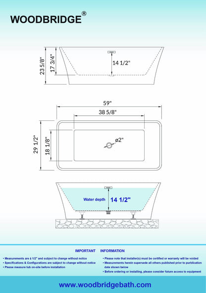 WOODBRIDGE 59" Acrylic Freestanding Bathtub Contemporary Soaking Tub