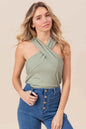 BiBi Rib Knit Cross Neck Women's Top - Stylish Band Design