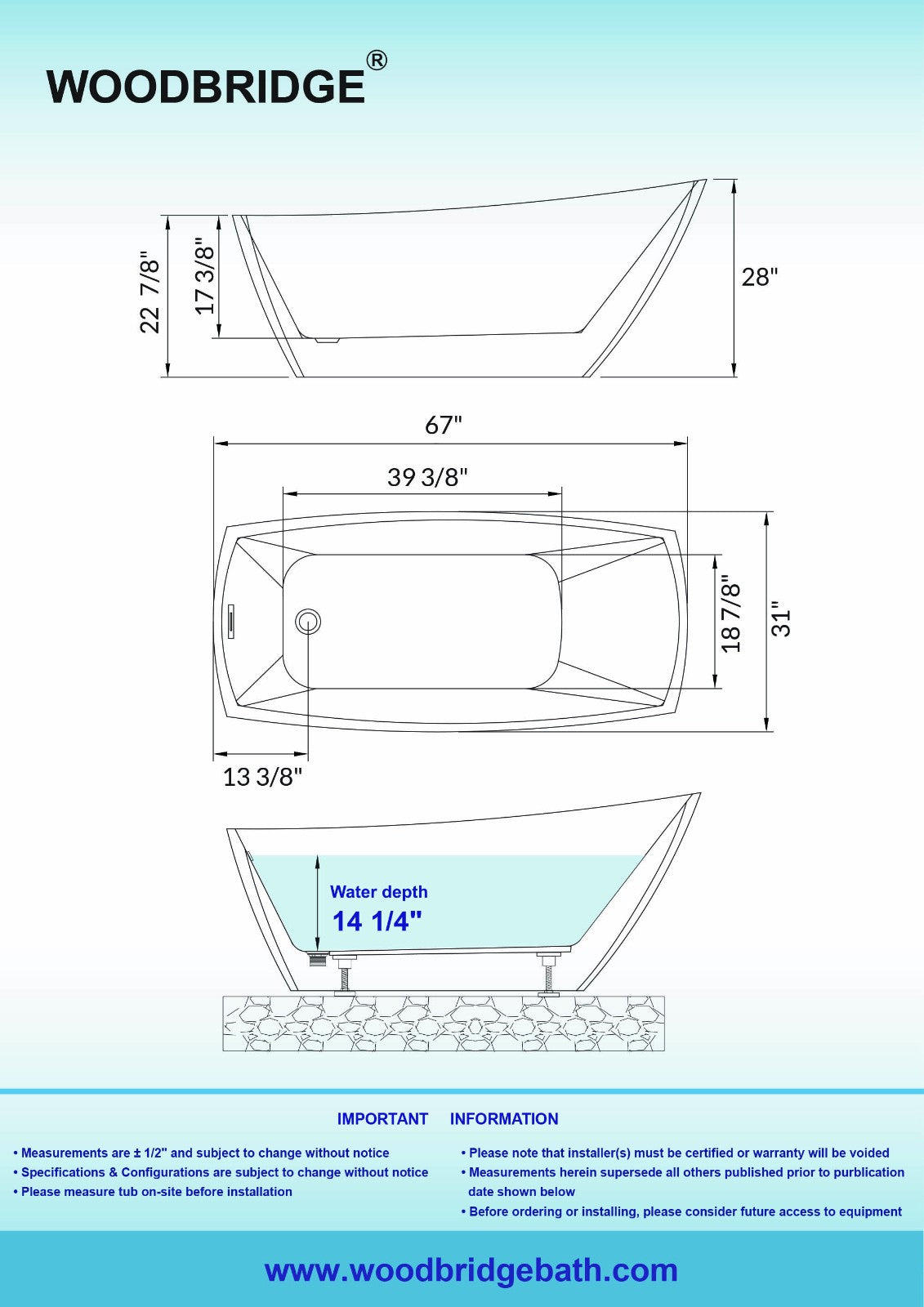 WOODBRIDGE 67" Acrylic Freestanding Bathtub Contemporary Soaking Tub
