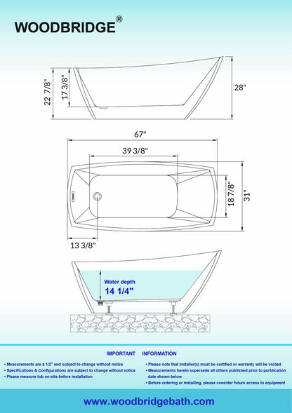 WOODBRIDGE 67" Acrylic Freestanding Bathtub Contemporary Soaking Tub