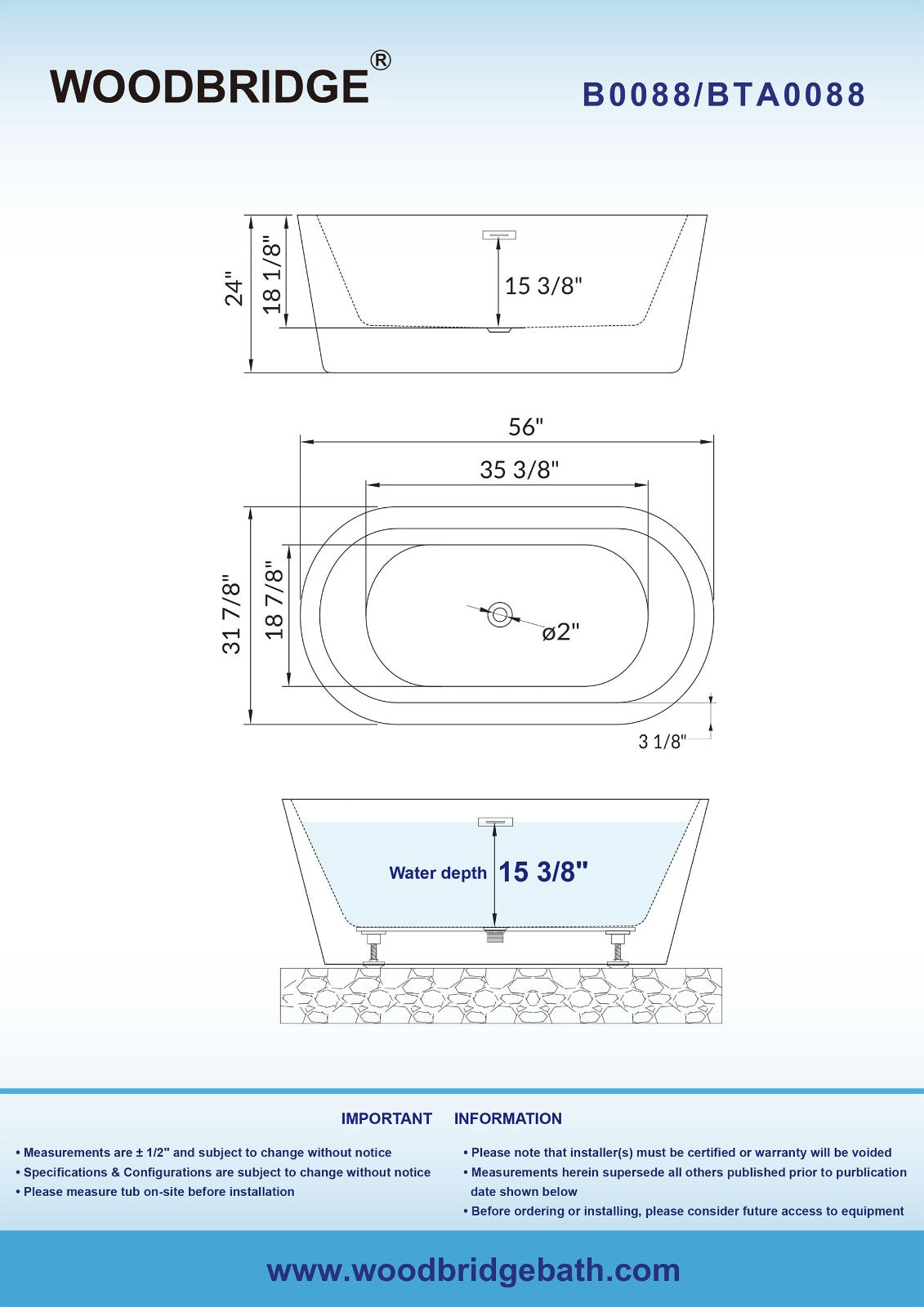 WOODBRIDGE BTA0088 56" Acrylic Freestanding Bathtub Contemporary Soaking Tub