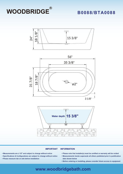 WOODBRIDGE BTA0088 56" Acrylic Freestanding Bathtub Contemporary Soaking Tub