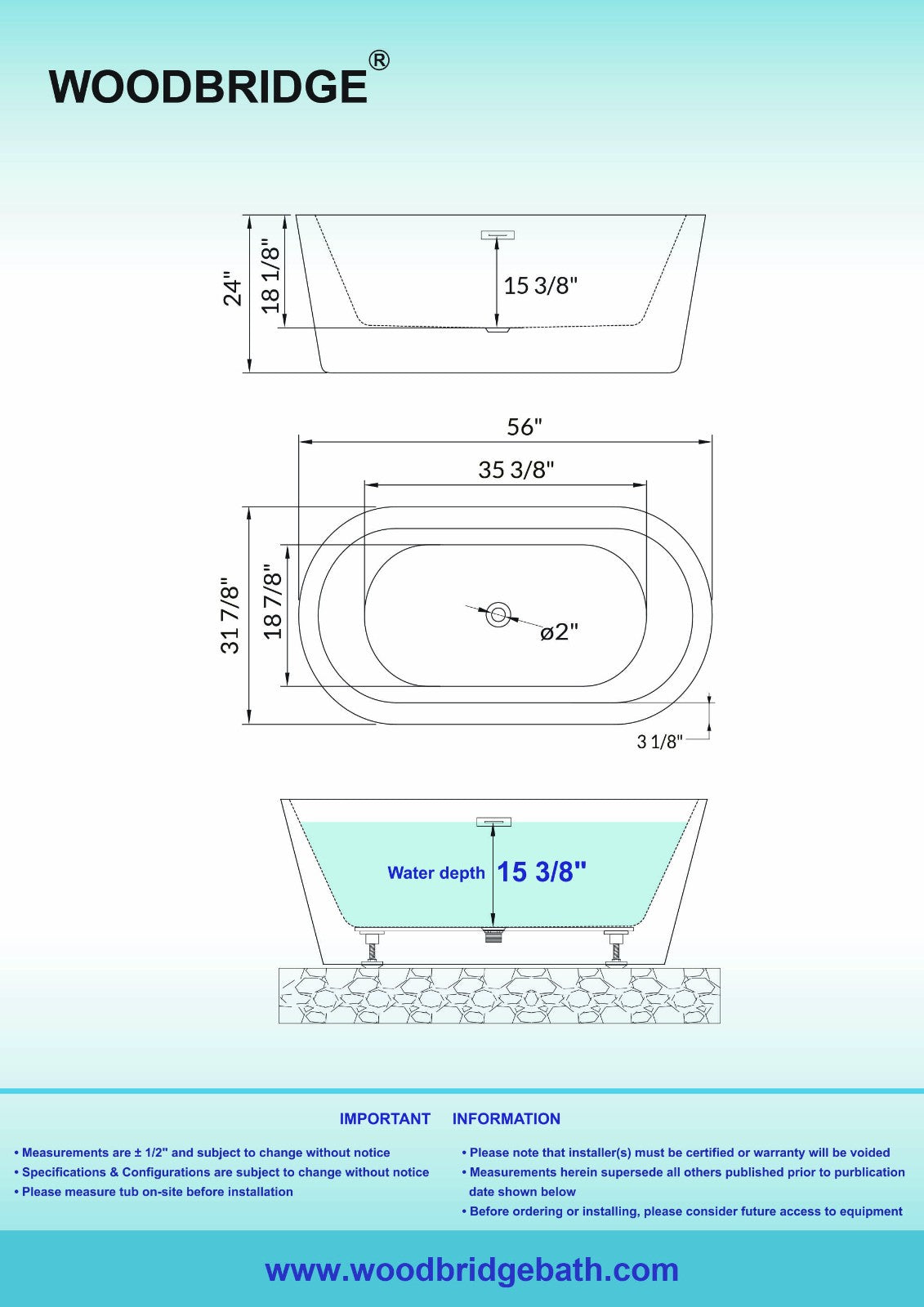 WOODBRIDGE BTA0088 56" Acrylic Freestanding Bathtub Contemporary Soaking Tub
