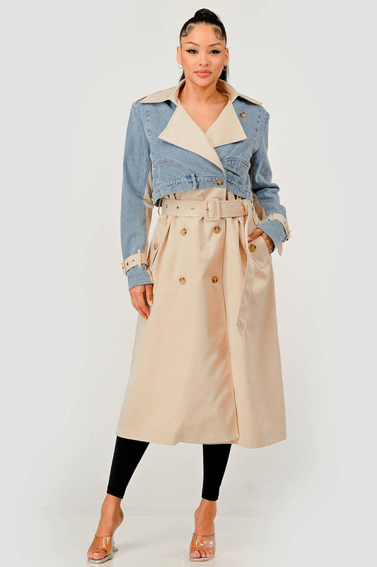 Denim Contrast Belted Trench Coat
