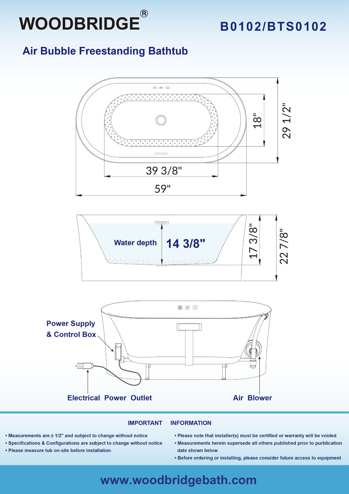 WOODBRIDGE 59" Contemporary Freestanding Acrylic Air Bubble Soaking Bathtub