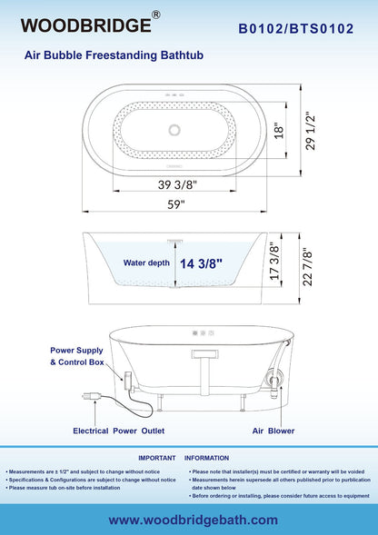 WOODBRIDGE 59" Contemporary Freestanding Acrylic Air Bubble Soaking Bathtub