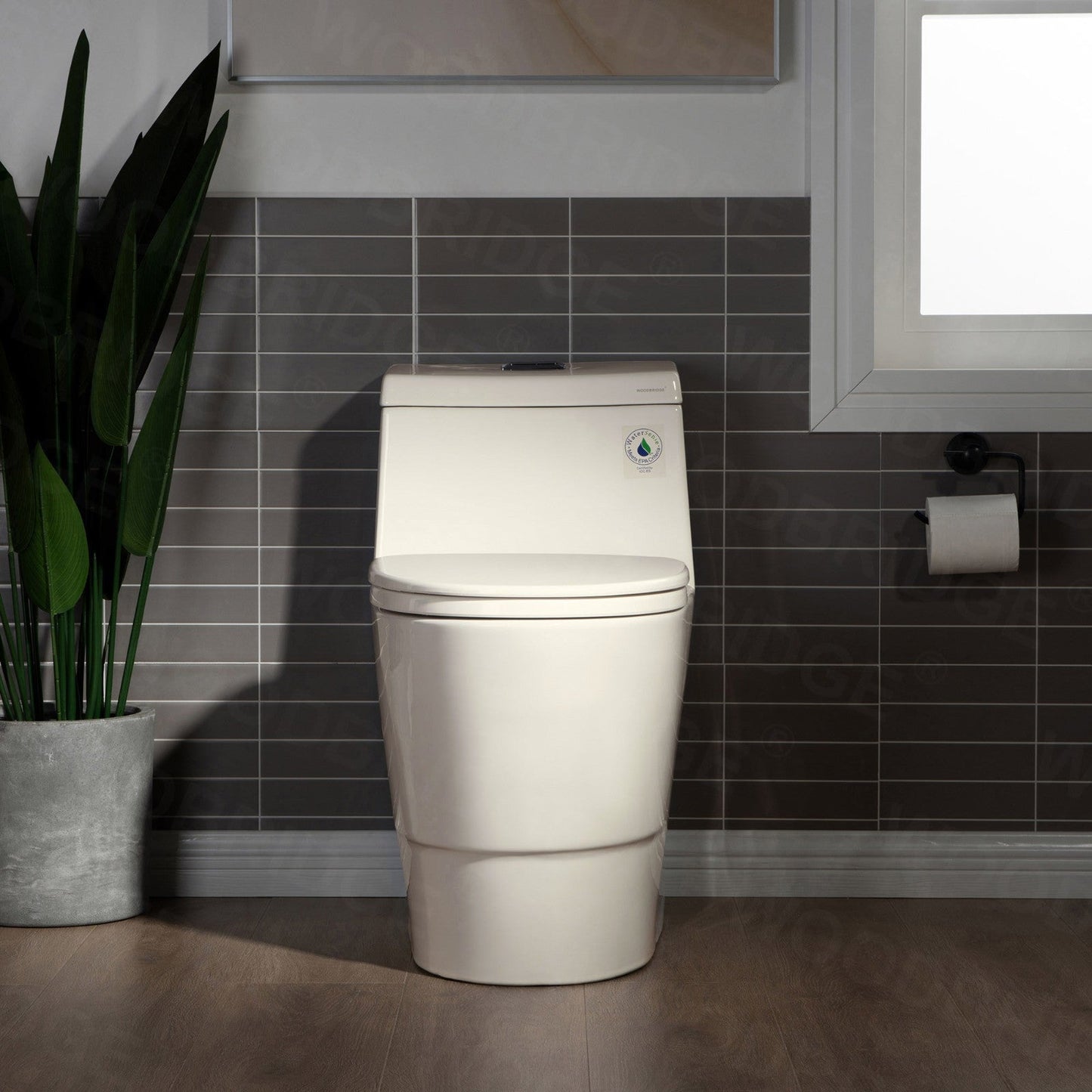 WOODBRIDGEE One Piece Toilet with Soft Closing Seat, Chair Height, 1.28 GPF Dual, Water Sensed, 1000 Gram MaP Flushing Score Toilet, Biscuit