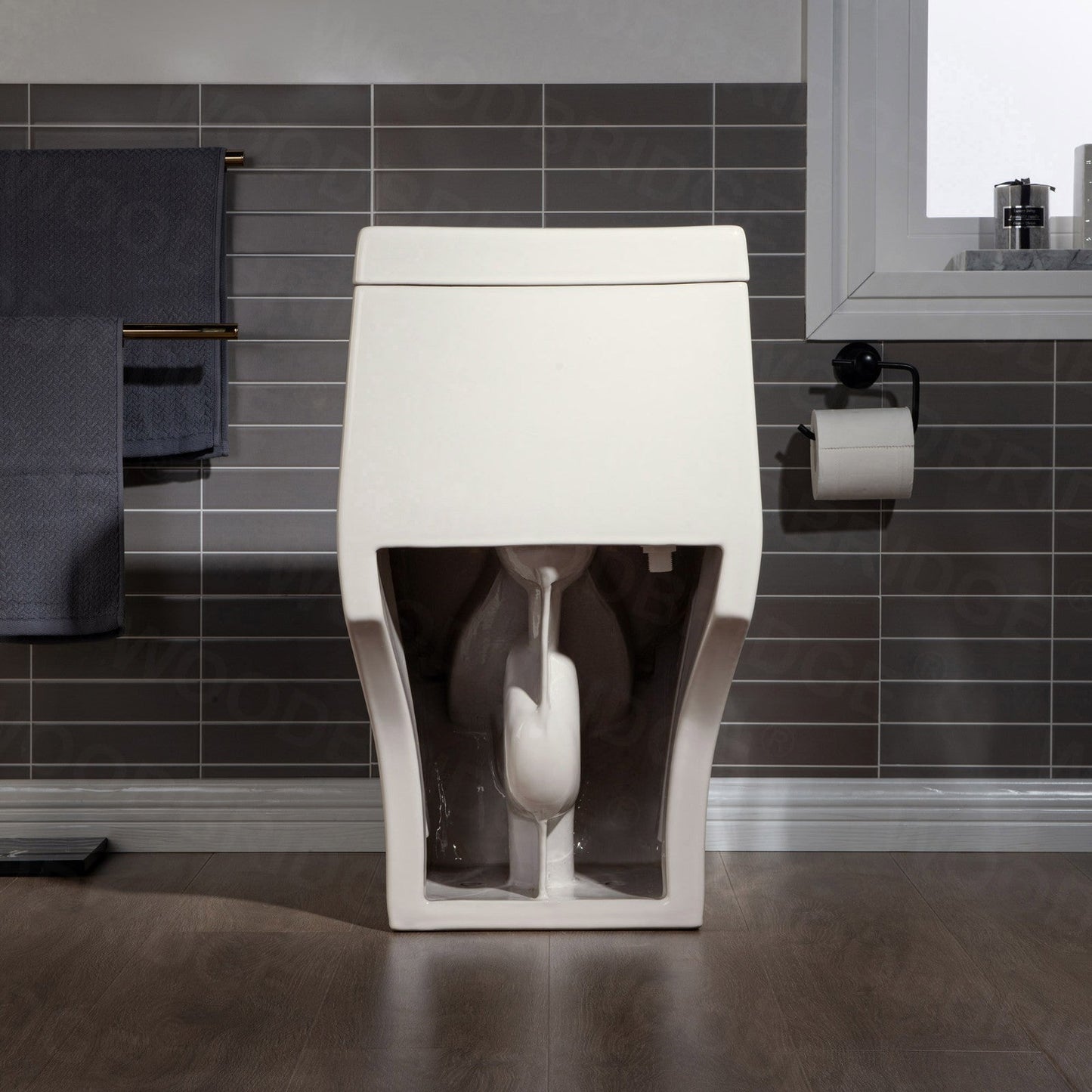 WOODBRIDGEE One Piece Toilet with Soft Closing Seat, Chair Height, 1.28 GPF Dual, Water Sensed, 1000 Gram MaP Flushing Score Toilet, Biscuit