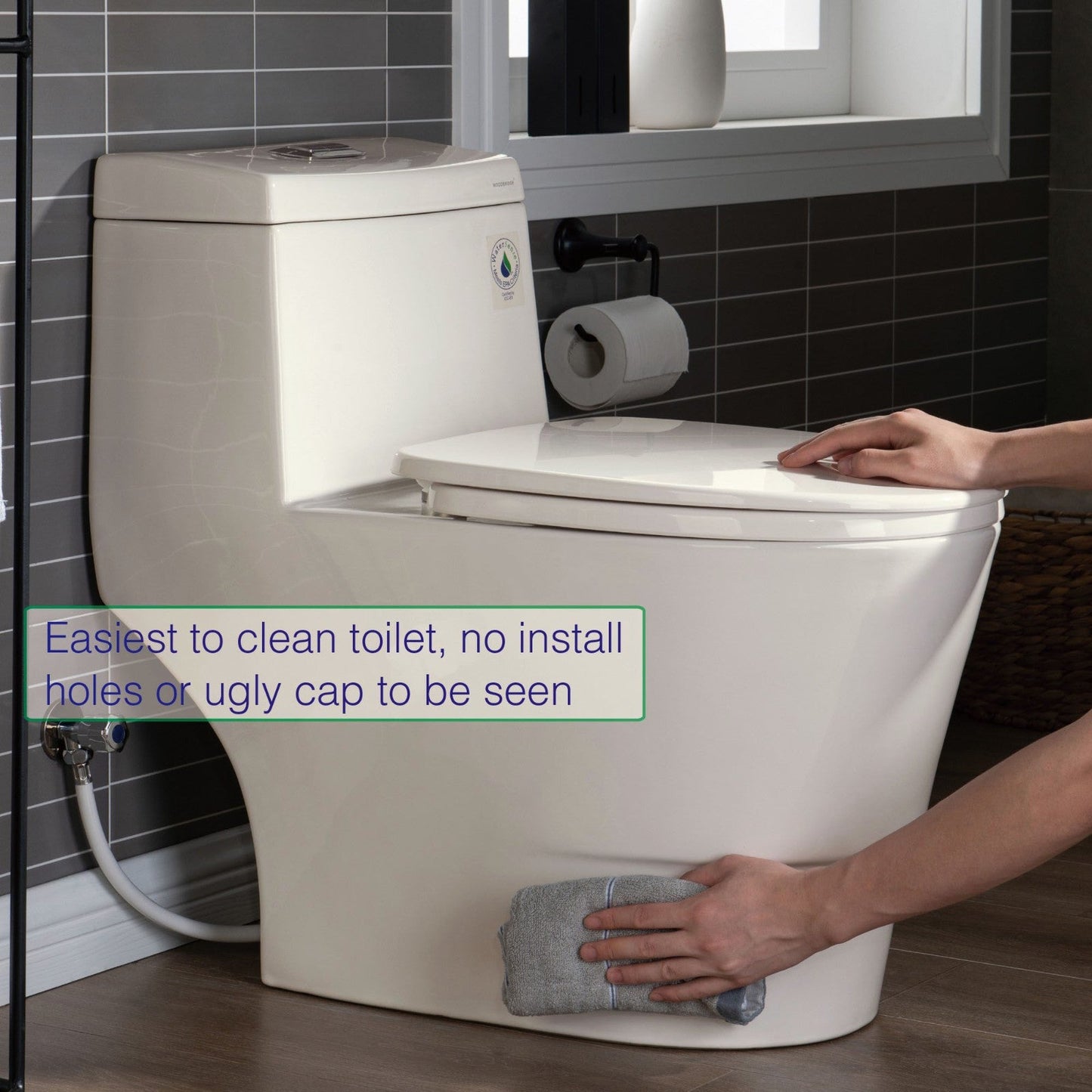 WOODBRIDGEE One Piece Toilet with Soft Closing Seat, Chair Height, 1.28 GPF Dual, Water Sensed, 1000 Gram MaP Flushing Score Toilet, Biscuit