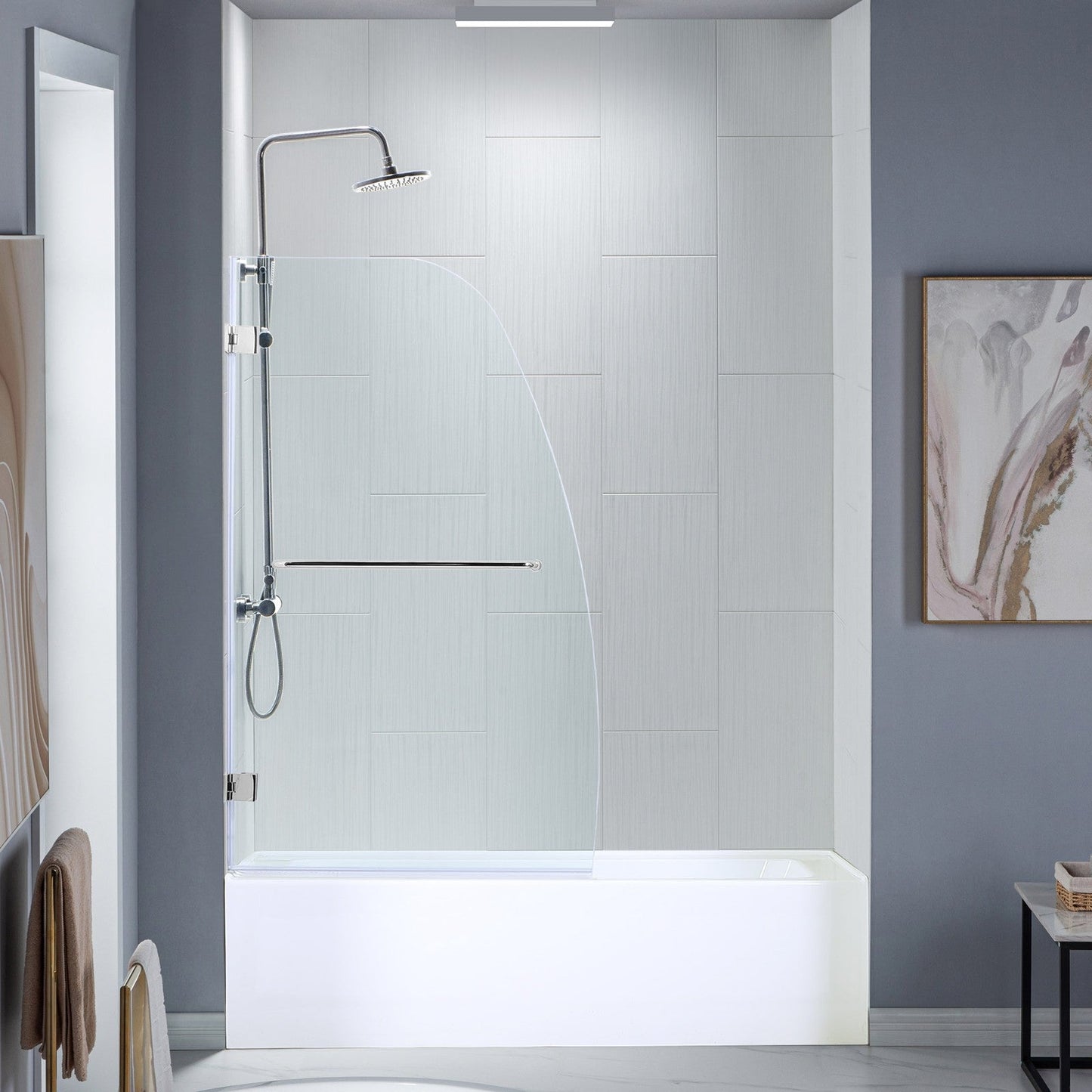 WOODBRIDGE MTDB3458-B, Frameless Hinged Bathtub Shower, 5/16" Tempered Panel, 34" W x 58" H Tub Glass Door, Include Towel Bar