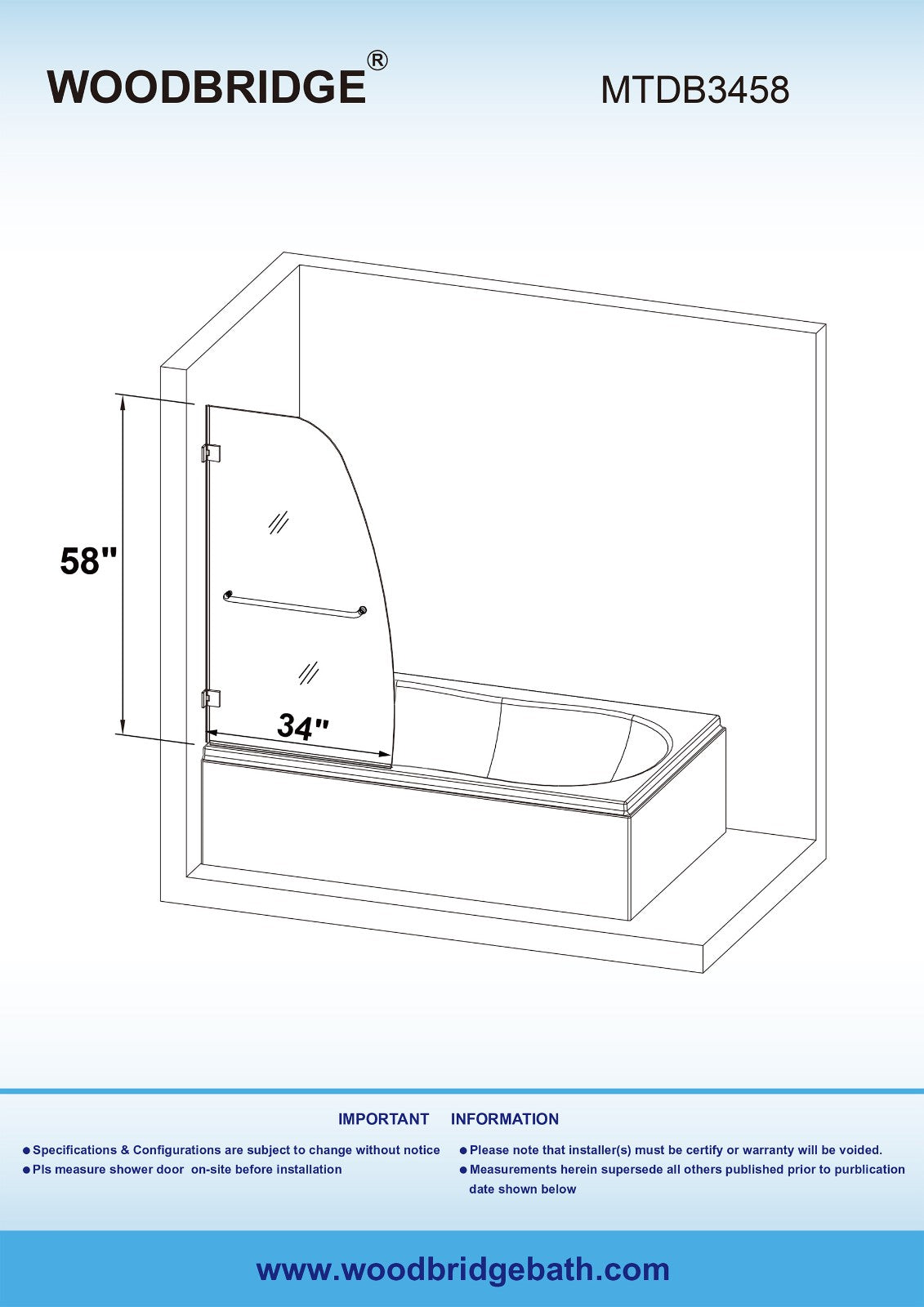 WOODBRIDGE MTDB3458-B, Frameless Hinged Bathtub Shower, 5/16" Tempered Panel, 34" W x 58" H Tub Glass Door, Include Towel Bar