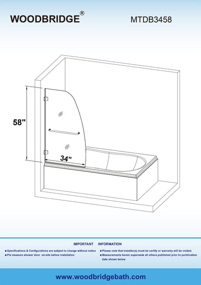 WOODBRIDGE MTDB3458-B, Frameless Hinged Bathtub Shower, 5/16" Tempered Panel, 34" W x 58" H Tub Glass Door, Include Towel Bar