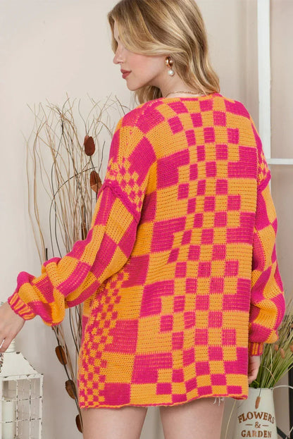 Taupe Colorblock Checked Open Front Knitted Cardigan