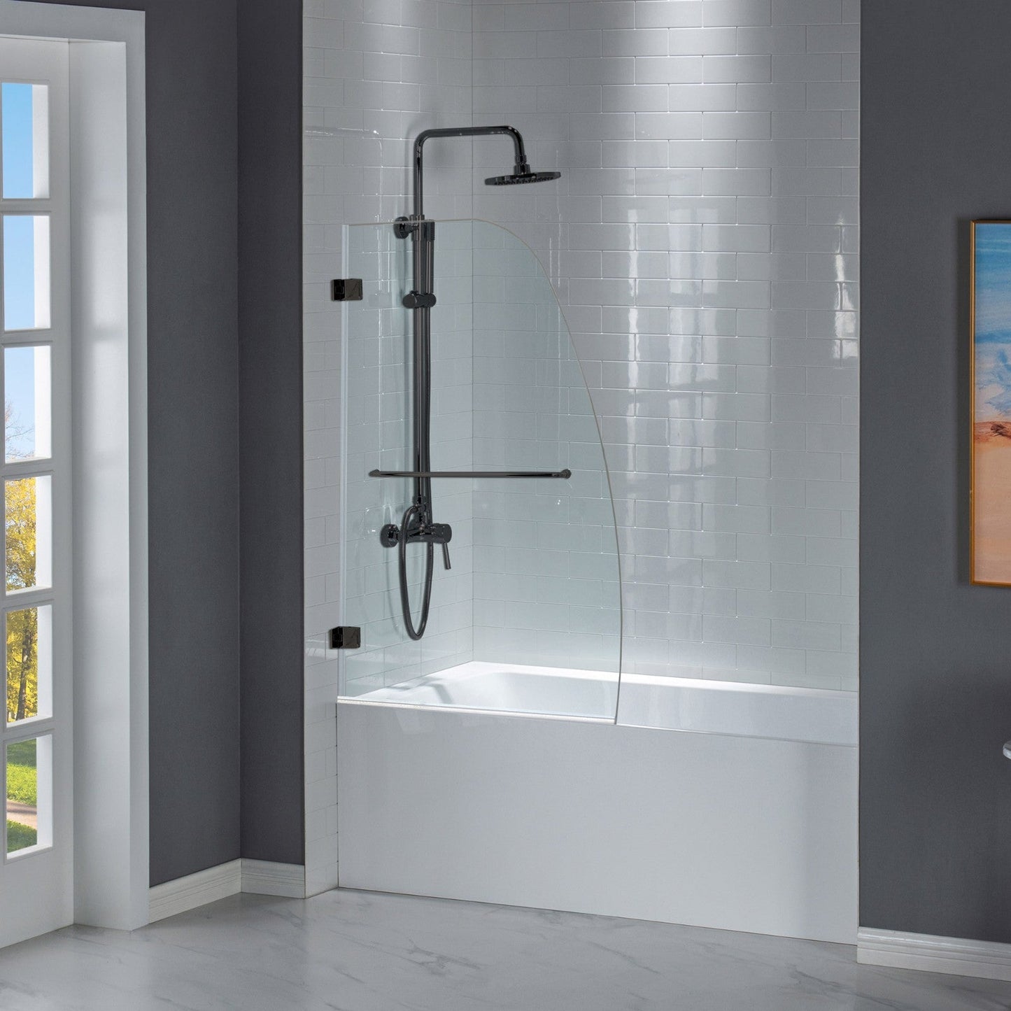 WOODBRIDGE MTDB3458-B, Frameless Hinged Bathtub Shower, 5/16" Tempered Panel, 34" W x 58" H Tub Glass Door, Include Towel Bar