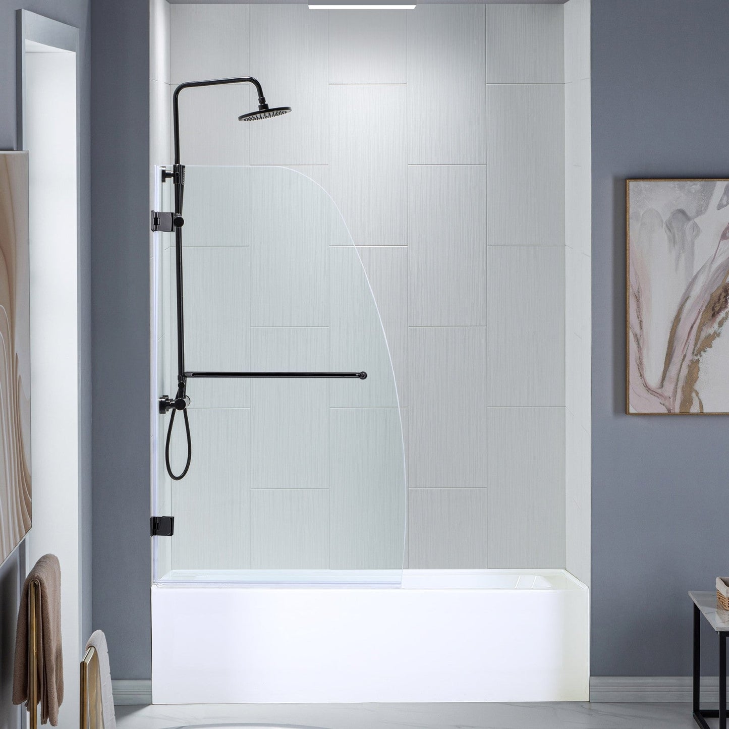 WOODBRIDGE MTDB3458-B, Frameless Hinged Bathtub Shower, 5/16" Tempered Panel, 34" W x 58" H Tub Glass Door, Include Towel Bar