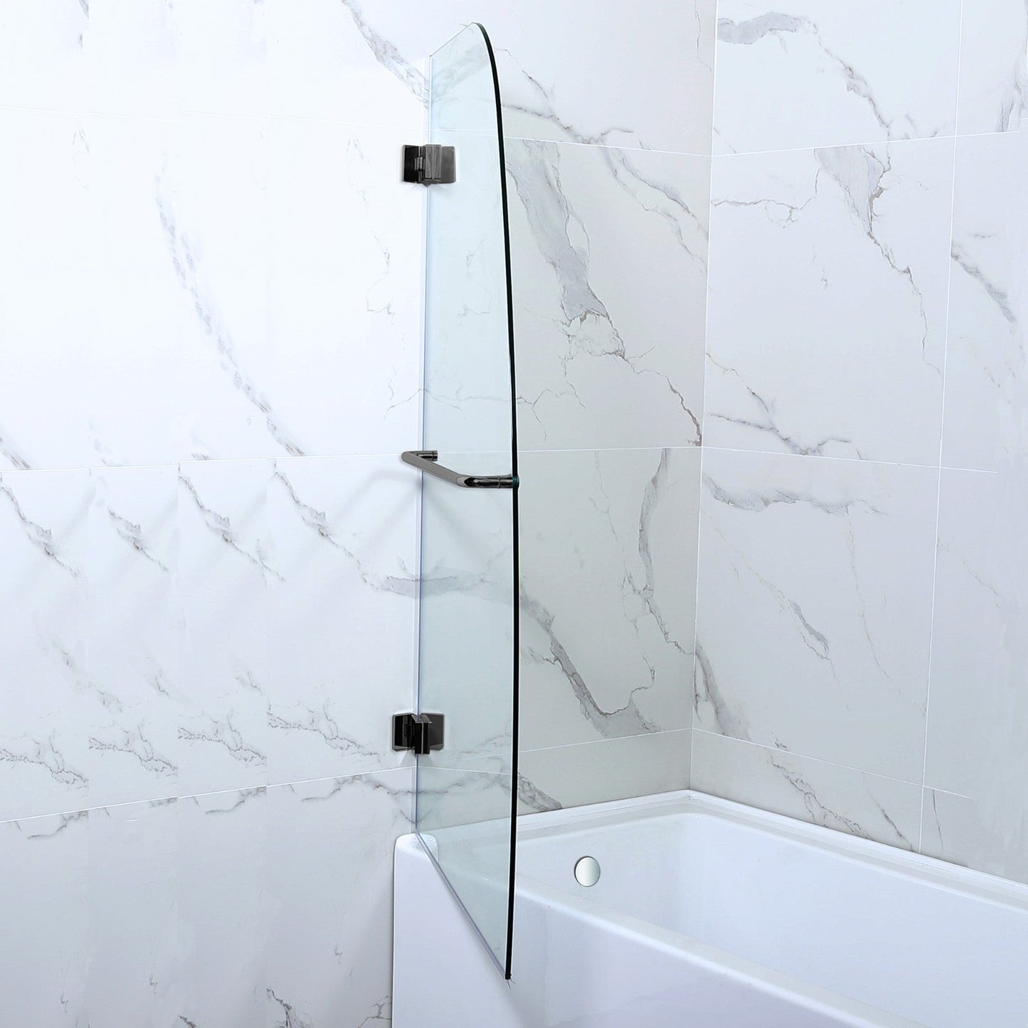 WOODBRIDGE MTDB3458-B, Frameless Hinged Bathtub Shower, 5/16" Tempered Panel, 34" W x 58" H Tub Glass Door, Include Towel Bar