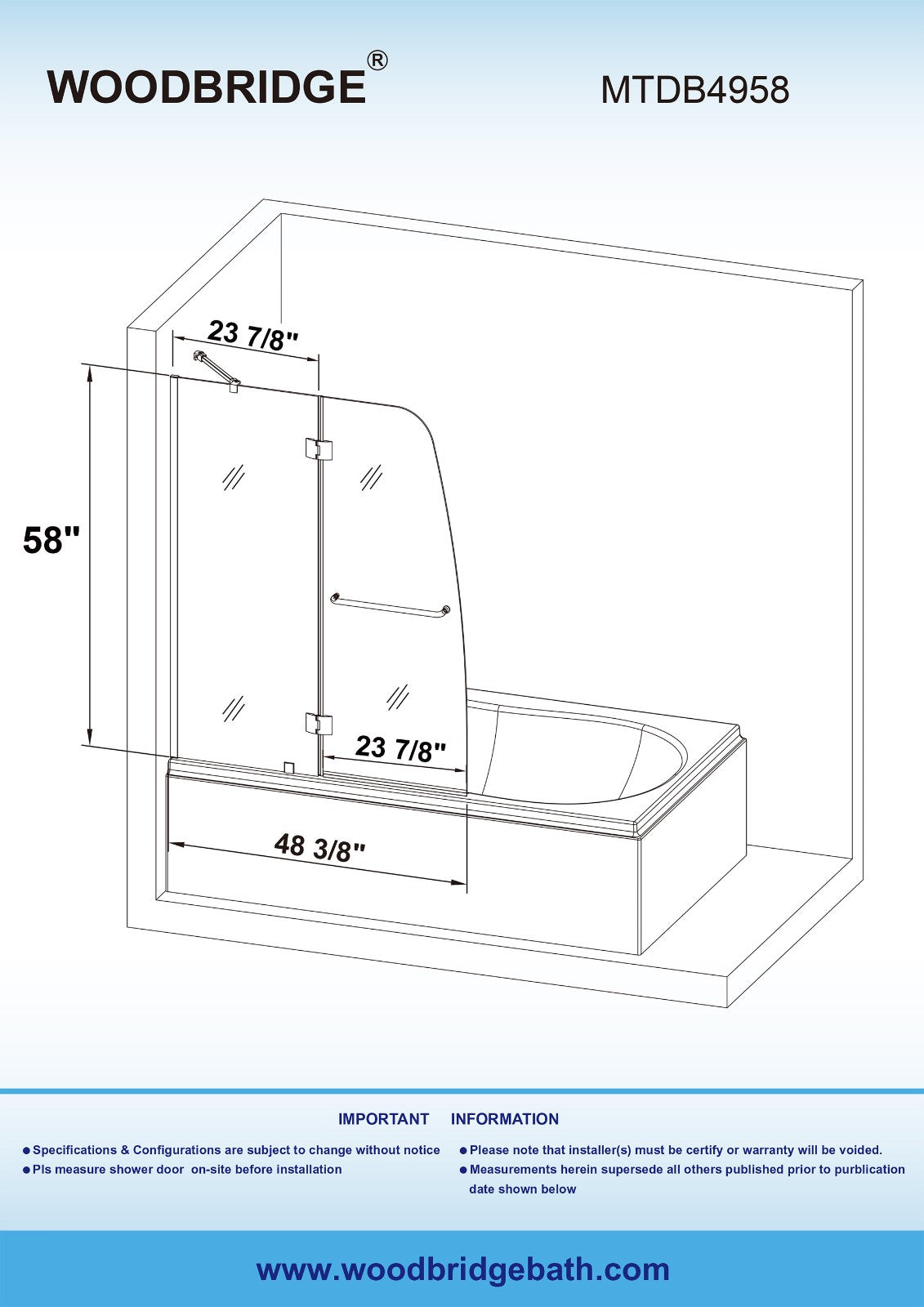WOODBRIDGE MTDB4958-B, Frameless Hinged Bathtub Shower, 5/16" Tempered Panel, 48-3/8" W x 58" H Tub Glass Door, Include Support Bar