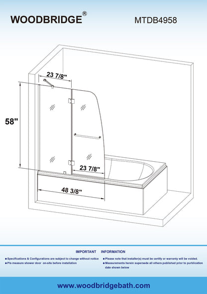 WOODBRIDGE MTDB4958-B, Frameless Hinged Bathtub Shower, 5/16" Tempered Panel, 48-3/8" W x 58" H Tub Glass Door, Include Support Bar