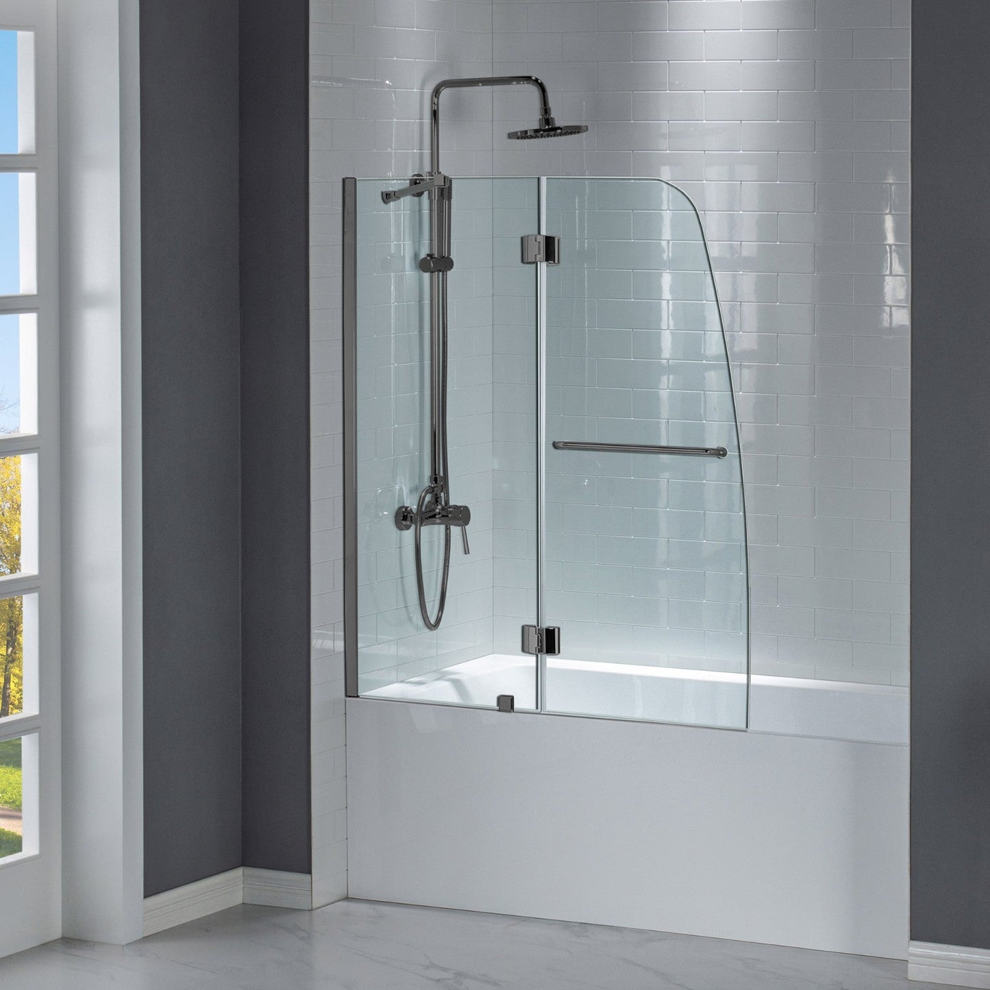 WOODBRIDGE MTDB4958-B, Frameless Hinged Bathtub Shower, 5/16" Tempered Panel, 48-3/8" W x 58" H Tub Glass Door, Include Support Bar