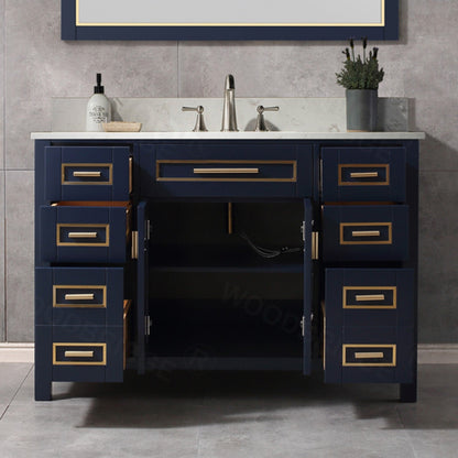 Milan 49” Floor Mounted Single Basin Vanity Set with Solid Wood Cabinet in Navy Blue and Engineered stone composite Vanity Top in Carrara White with Pre-installed Undermount Rectangle Bathroom Sink and Pre-Drilled 3-Hole for 8-inch Widespread Faucet