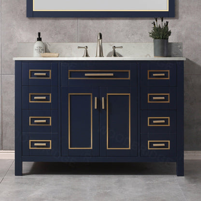 Milan 49” Floor Mounted Single Basin Vanity Set with Solid Wood Cabinet in Navy Blue and Engineered stone composite Vanity Top in Carrara White with Pre-installed Undermount Rectangle Bathroom Sink and Pre-Drilled 3-Hole for 8-inch Widespread Faucet