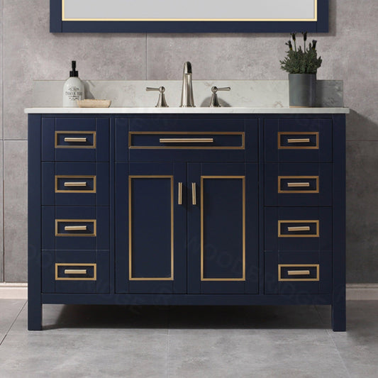 Milan 49” Floor Mounted Single Basin Vanity Set with Solid Wood Cabinet in Navy Blue and Engineered stone composite Vanity Top in Carrara White with Pre-installed Undermount Rectangle Bathroom Sink and Pre-Drilled 3-Hole for 8-inch Widespread Faucet