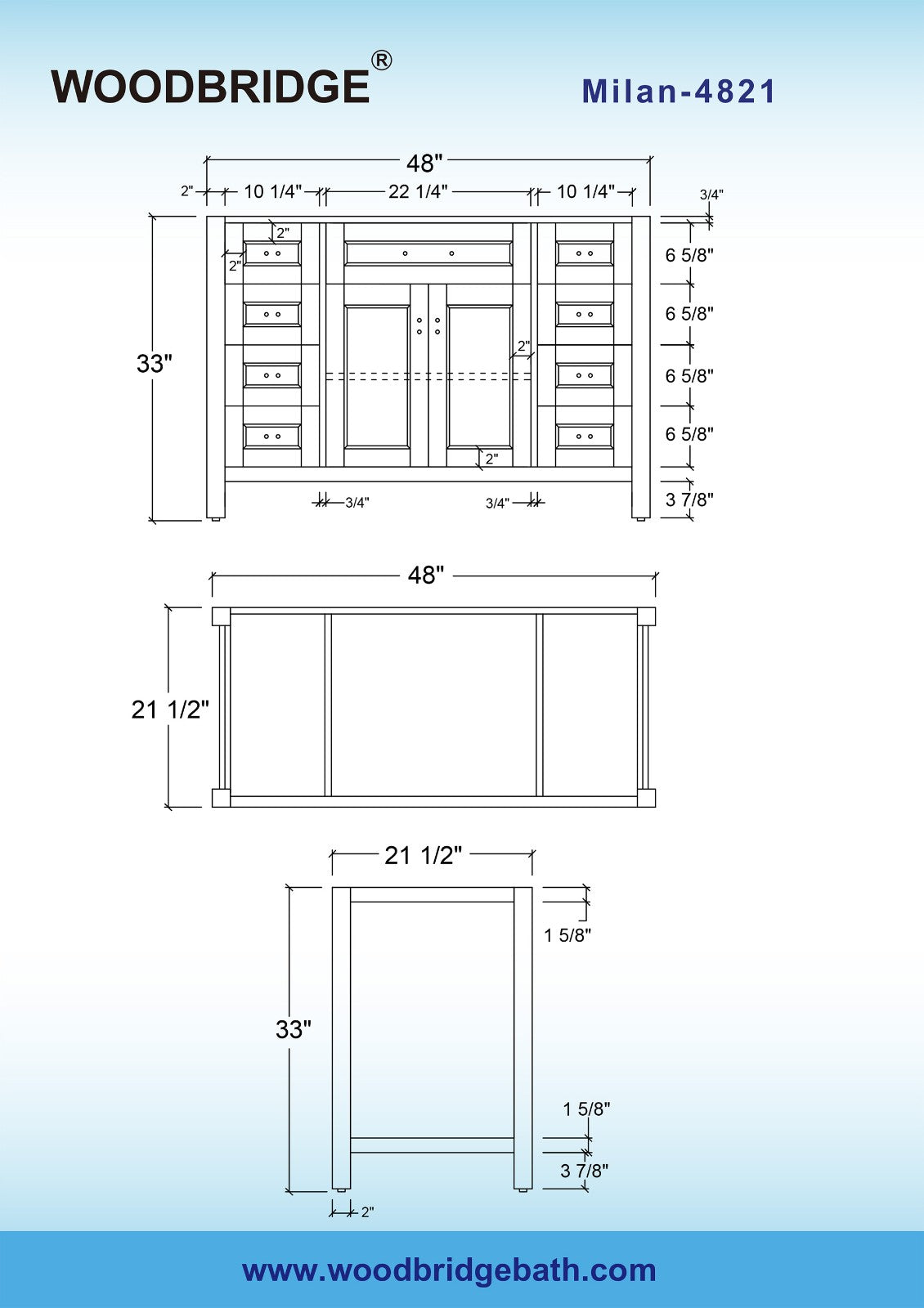WOODBRIDGE Milan 48"x21"x33" Solid Wood Bath Vanities Cabinet Only without Top, White, Milan 4821-WH