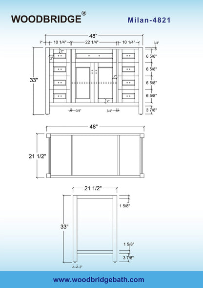 WOODBRIDGE Milan 48"x21"x33" Solid Wood Bath Vanities Cabinet Only without Top, White, Milan 4821-WH