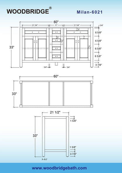 Milan 61” Floor Mounted Single Basin Vanity Set with Solid Wood Cabinet in White and Engineered stone composite Vanity Top in Carrara White with Pre-installed Undermount Rectangle Bathroom Sink in White and Pre-Drilled 3-Hole for 8”Widespread Faucet