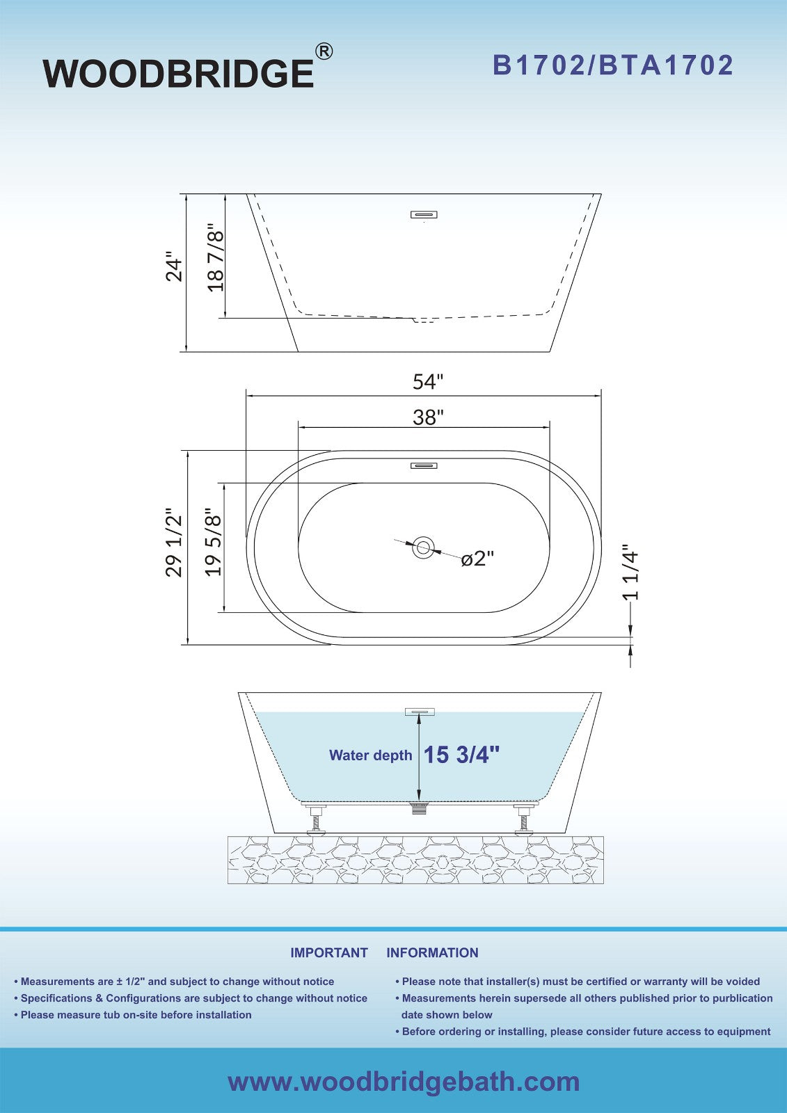 WOODBRIDGE 54" Acrylic Freestanding Bathtub Contemporary Soaking Tub