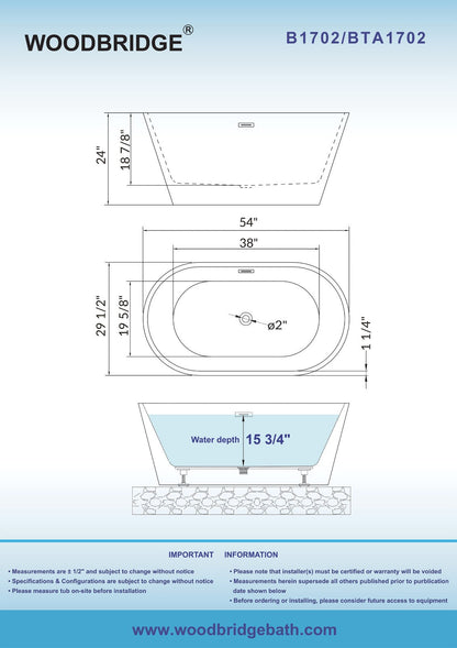 WOODBRIDGE 54" Acrylic Freestanding Bathtub Contemporary Soaking Tub