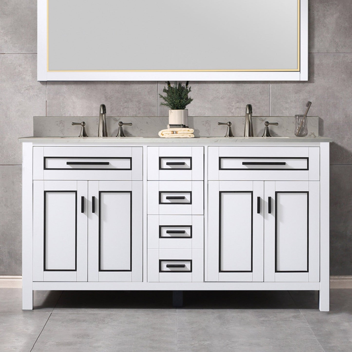 Milan 61” Floor Mounted Single Basin Vanity Set with Solid Wood Cabinet in White and Engineered stone composite Vanity Top in Carrara White with Pre-installed Undermount Rectangle Bathroom Sink in White and Pre-Drilled 3-Hole for 8”Widespread Faucet